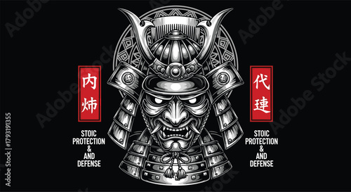 Illustration of an illustration of a samurai warrior in full armor, with intricate details and a menacing expression, set against a dark background with japanese text and stoic protection