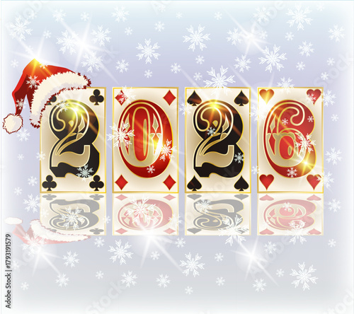 2026 new year. Casino poker cards background, vector illustration