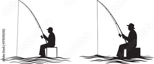 Two fishermen sitting and casting silhouette