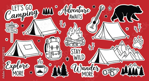 Illustration of get ready for your next outdoor adventure with this camping sticker set featuring tents, backpacks, and more, these stickers are perfect for any nature lover