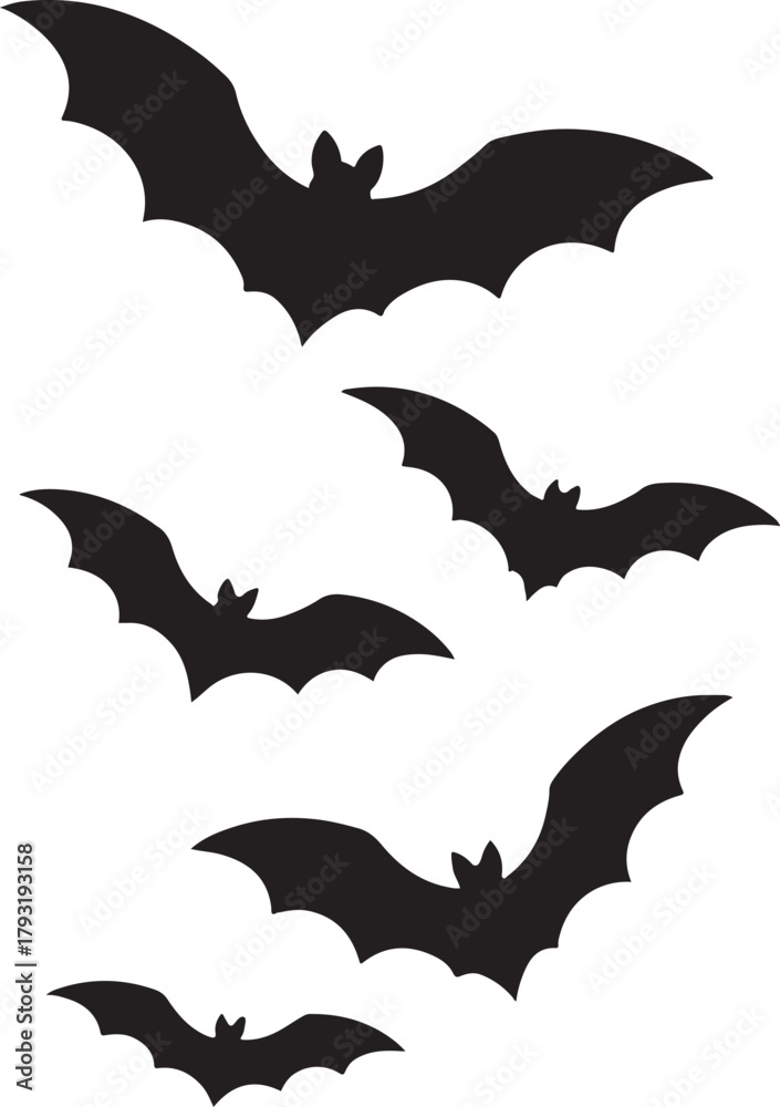 Fototapeta premium Silhouette of Five Flying Bats Against a White Background