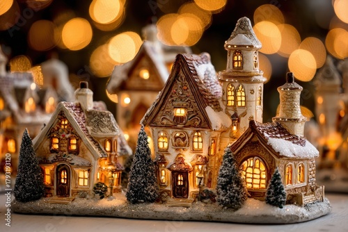 Ceramic miniature village houses glow with warm light against a background of festive bokeh circles.