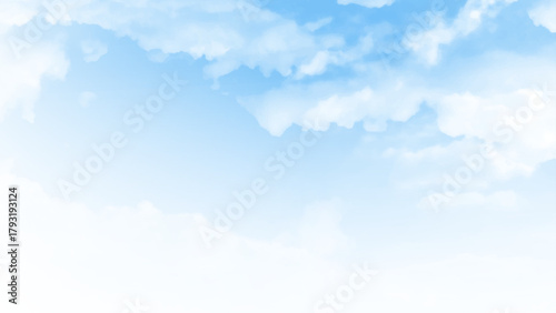 Background with clouds on blue sky. Nature View Wallpaper Landscape Cyan color Environment, Fluffy Climate. Vector background. 