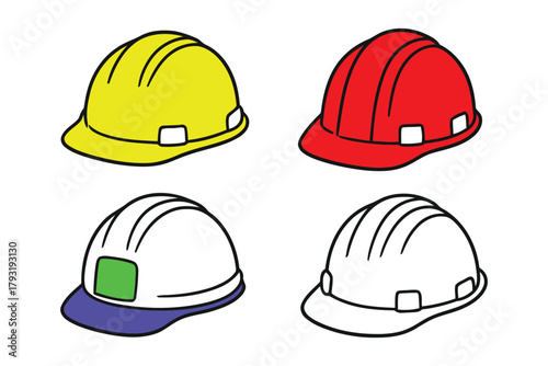 Four colorful hard hats are arranged in a grid formation on a white background.