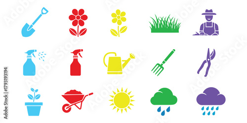 A collection of gardening icons depicts tools, plants, and weather elements.