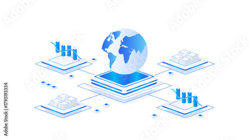 Isometric Stock Market Illustration. Global Financial Charts, and Data Analytics Platforms. Trading concept in blue digital style
