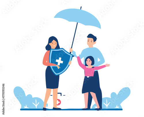 A family is protected under an umbrella and shield, symbolizing security and health.