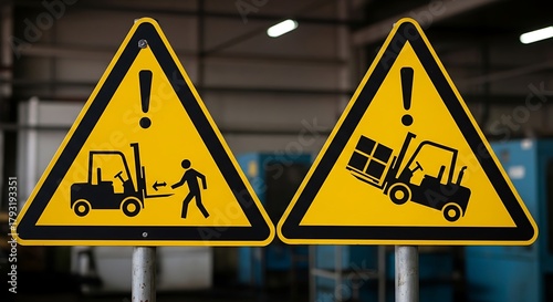 Warning signs indicate forklift hazards and potential falling loads in an industrial setting.