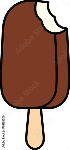 Chocolate dipped popsicle with a single bite taken, minimal frozen vector illustration
