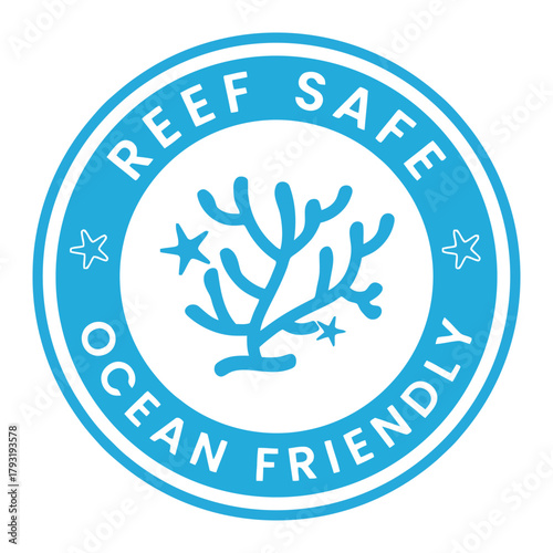 Reef safe ocean friendly emblem features coral and stars