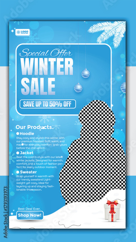 Winter sale social media story template with woman in white coat design