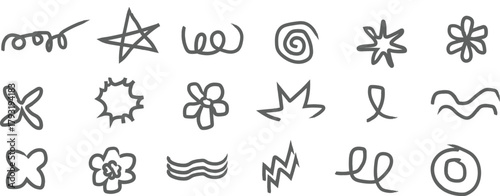 Hand-drawn doodle element set with icons and symbols, vector illustration, isolated on white background 
