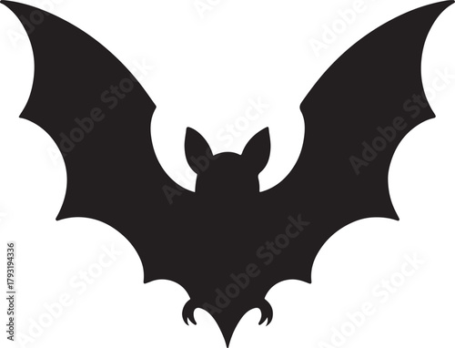 Silhouette of a black bat with outstretched wings against a white background