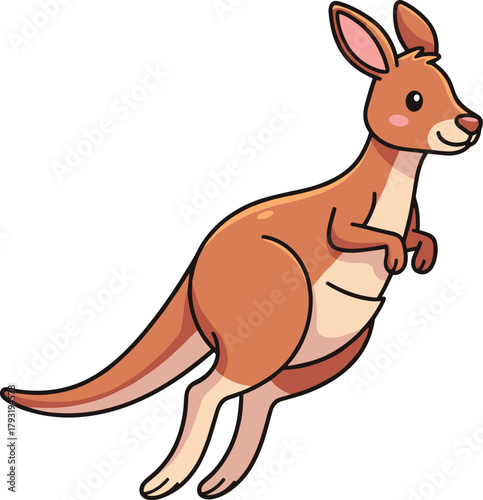 Cartoon kangaroo illustration, jumping marsupial, cream belly, rosy cheeks, friendly animal, vector art, children’s design, white background, stock image