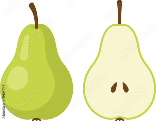 Whole green pear and a cross-section half, simple healthy vector illustration