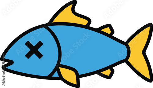Dead blue fish with an 'X' over its eye, environmental simple vector illustration
