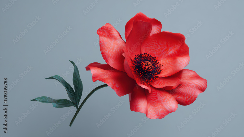 Naklejka premium A vibrant red anemone flower with dark stamen and lush green leaves blooms against a soft, neutral gray backdrop, showcasing its delicate petals and beauty.