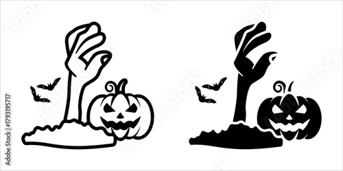 Zombie icon set. A simple hand-drawn illustration of a zombie hand rising from the ground with a pumpkin and bats. Suitable for Halloween designs.