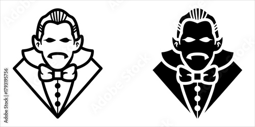 Dracula icon set. A minimalist line art illustration of a Dracula portrait, perfect for Halloween themed designs, scary vampire motifs, and spooky designs.