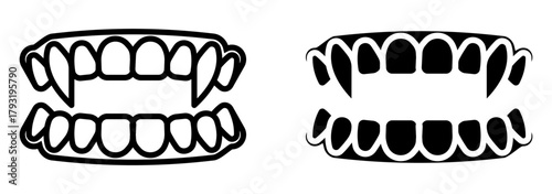 Fangs icon set. Illustration of vampire fangs in outline and silhouette style. Perfect for Halloween themed designs, creepy illustrations, and scary graphics.