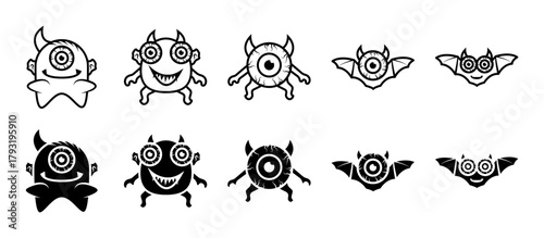 Monster icon set. A collection of cute and simple monster and bat icon designs, perfect for Halloween and horror themes. isolated on white background