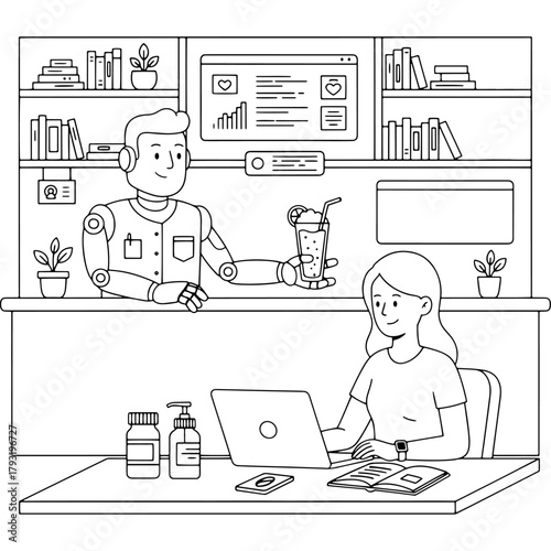 Healthcare technology: Robot pharmacist giving drink to woman at desk. Modern clinic. Black and white vector outline illustration.