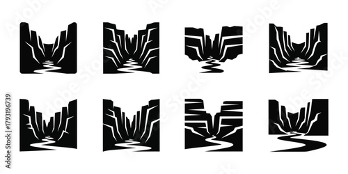 Collection of canyon landscapes in monochrome style