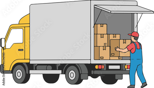 Delivery truck being unloaded by a worker with boxes, moving logistics vector illustration