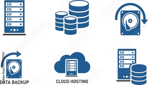 Digital data storage and cloud hosting icons representing technology and data management.