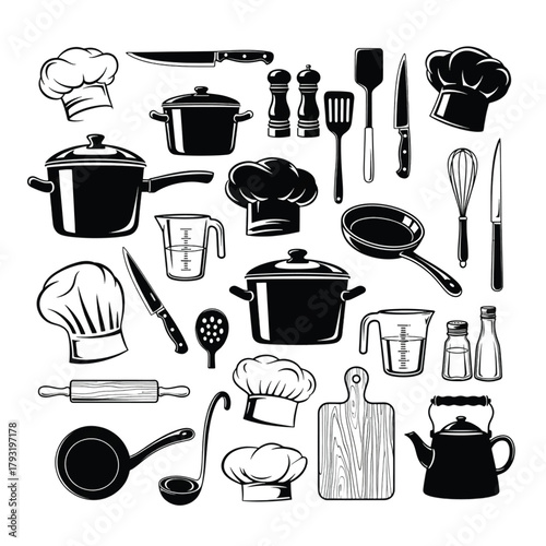 Kitchenware set in black and white vector illustration of cooking utensils for culinary design isola
