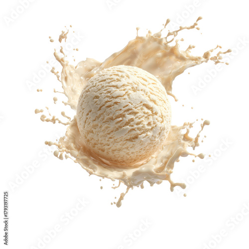 Caramel ice cream scoop with milk splash on transparent backdrop