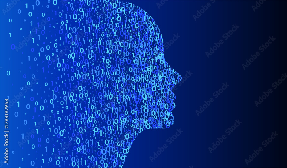 Abstract head of a humanoid robot android in futuristic zeros and ones number binary code texture.