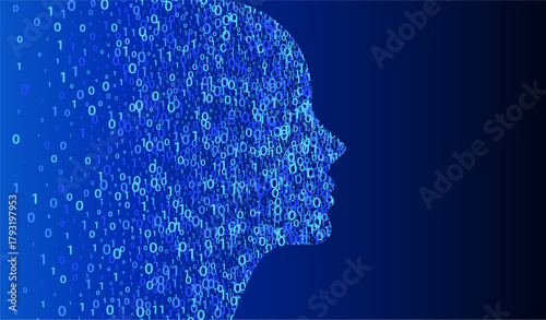 Abstract head of a humanoid robot android in futuristic zeros and ones number binary code texture.