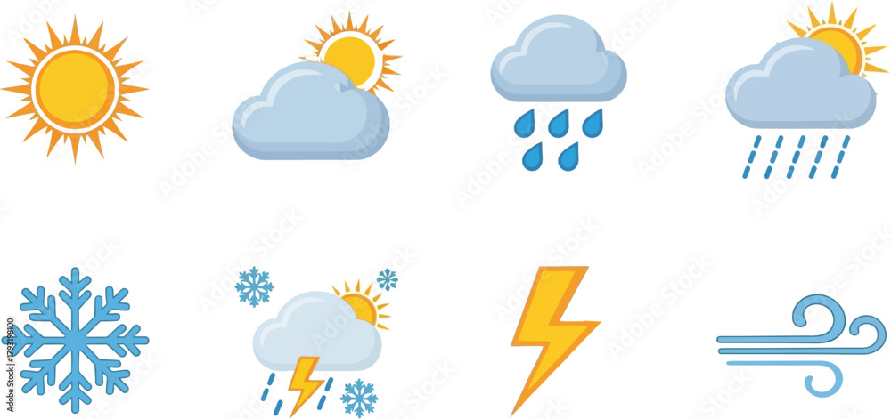Obraz premium Diverse weather icons representing sun, clouds, rain, snow, lightning, and wind.