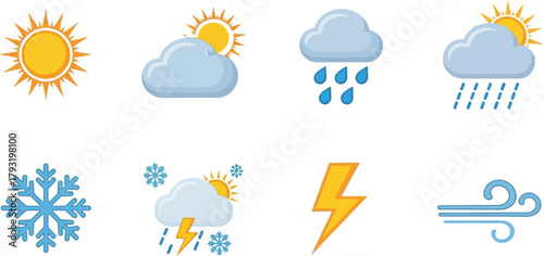 Diverse weather icons representing sun, clouds, rain, snow, lightning, and wind.