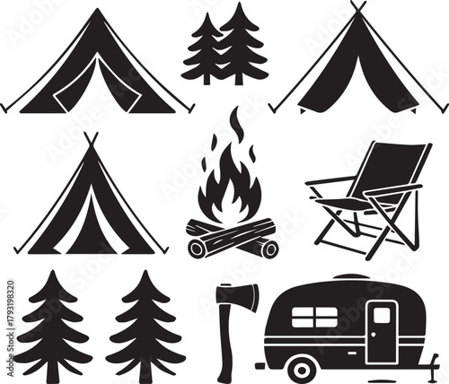 Black Silhouette Camping Elements Tent Trees Campfire Chair Trailer Axe vector
