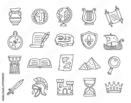 History set in outline line art showing amphora, coin, globe, lyre, scroll, compass, parchment, shield, column, book, map, pyramids, sword, castle, hourglass
