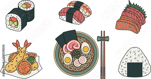 Delicious assortment of Japanese cuisine including sushi, sashimi, ramen, and tempura