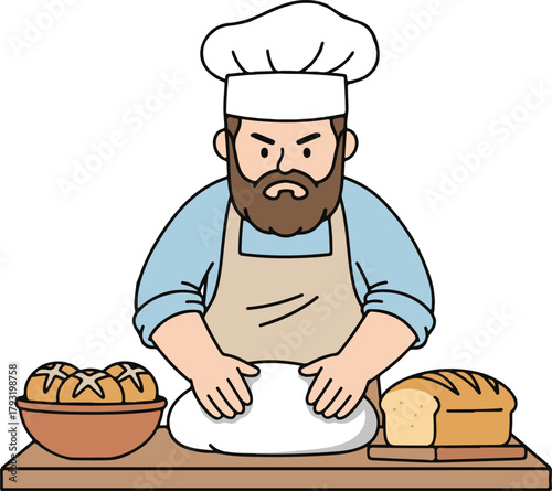 Bearded baker kneading dough, minimal flat cartoon vector illustration