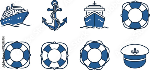 Nautical icons featuring a cruise ship, anchor, lifebuoys, and captain's hat in blue and white