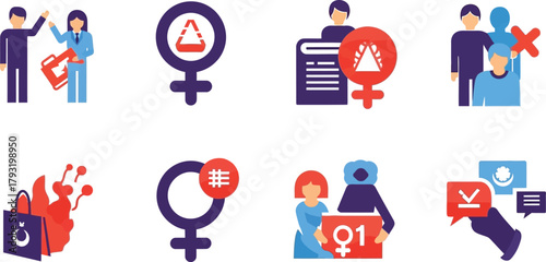 Diverse icons symbolizing women's rights, equality, and empowerment in society.