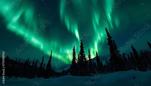 Brilliant green celestial lights illuminate a dark, snowy winter forest landscape.