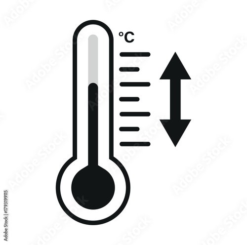 A black and white illustration of a thermometer with celsius symbol and an up and down arrow symbol