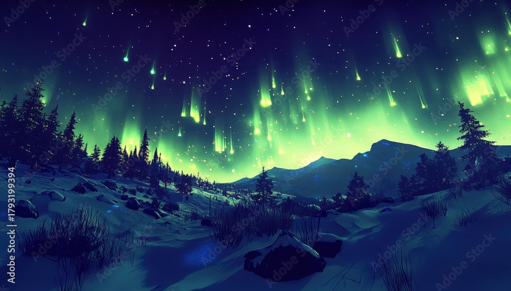 Naklejka premium Brilliant green celestial light illuminates a snowy, rugged landscape beneath a starry sky