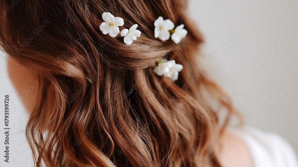 Naklejka premium Beautiful hairstyle with white flowers for a special occasion in a cozy indoor setting