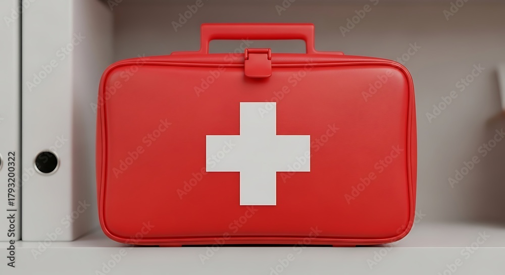 Obraz premium A red first aid kit with a white cross symbol is on a shelf.