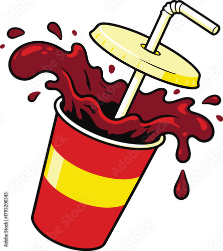 Fizzy soda drink with splash, dynamic retro cartoon vector illustration