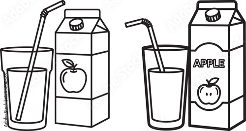 Two cartons of apple juice with glasses and straws silhouette