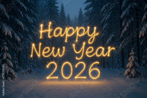 Postcard for New Year and Christmas 2026. Glowing Numbers 2026 on the background of a dark snowy forest