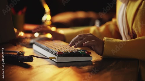 Close-up of female programmer typing on retro computer keyboard in office